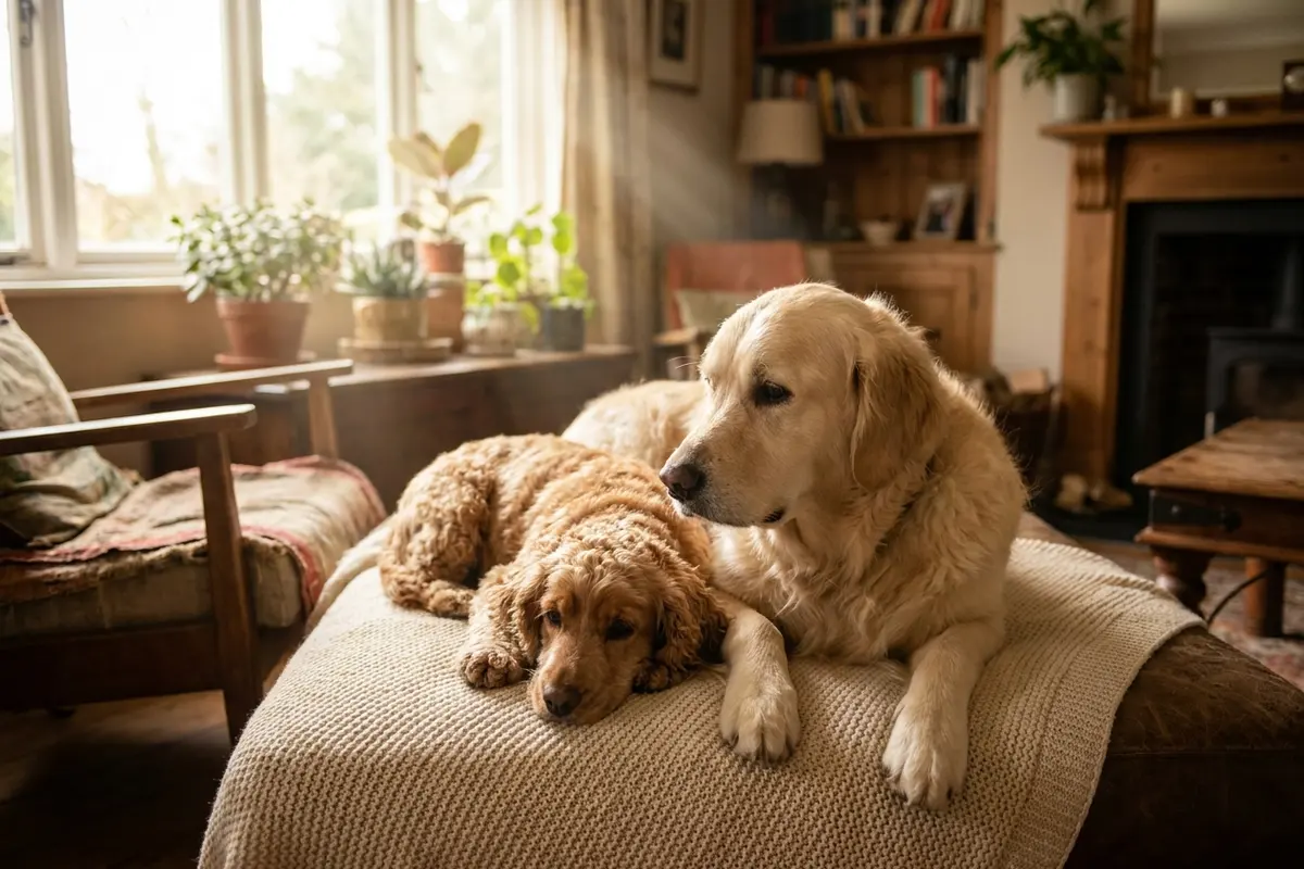 Two dogs resting and relaxing together in a calm, homely setting at Delaval Daycare