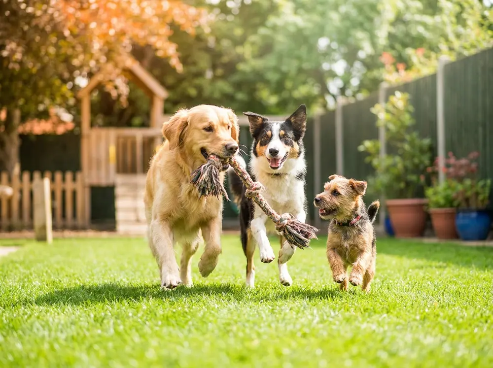 Happy dogs in supervised group play at Delaval Daycare near Cramlington