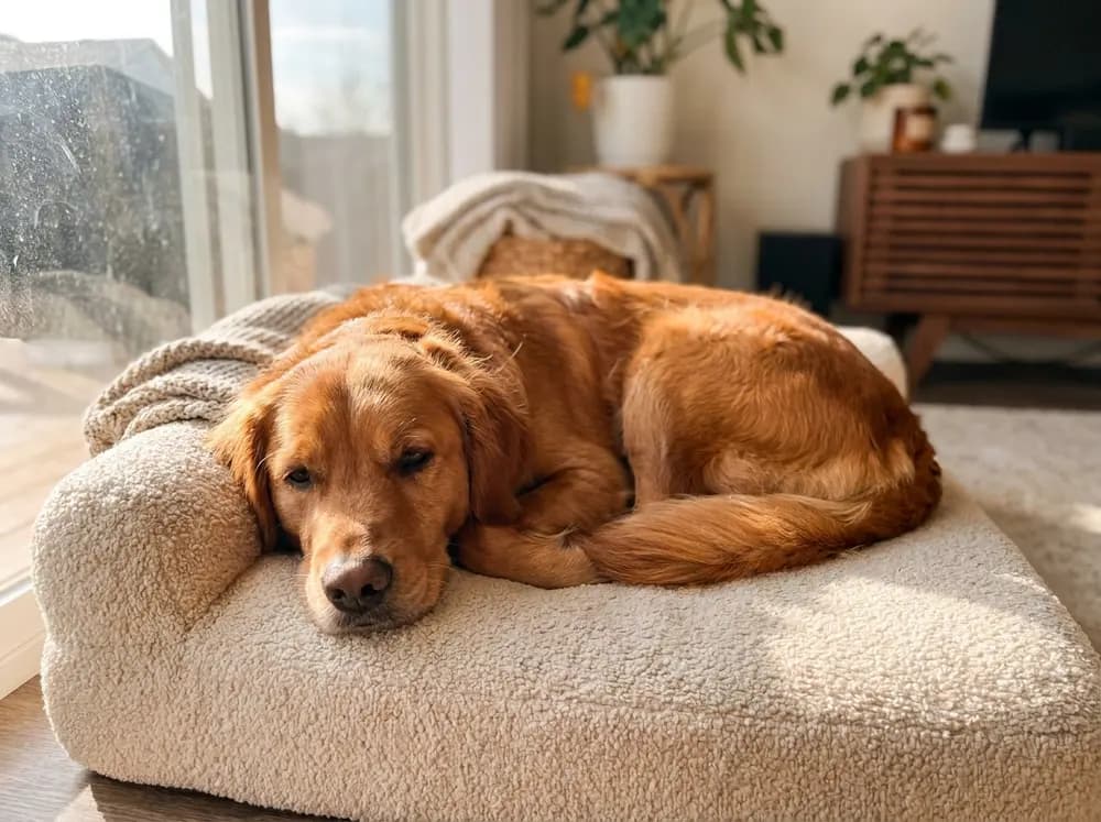 A calm, content dog resting comfortably during a Delaval Daycare dog sitting visit