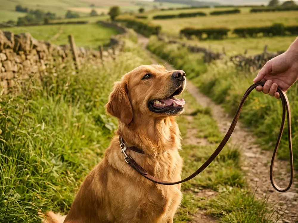 A happy dog on a lead enjoying a countryside walk near Cramlington